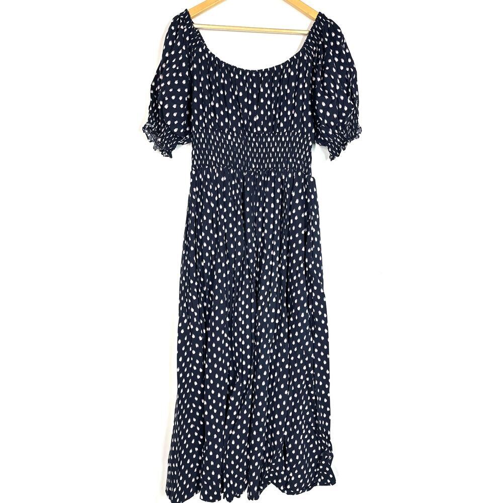Madewell Shibori Dot Dress Print Puff Sleeve Smocked Midi A-Line Black Pink 12 - Picture 6 of 10